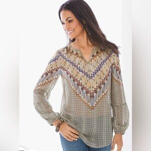 Chico’s Women’s Sz M Geometric Tribe Tunic Top Blouse Long Sleeve Woven Pattern